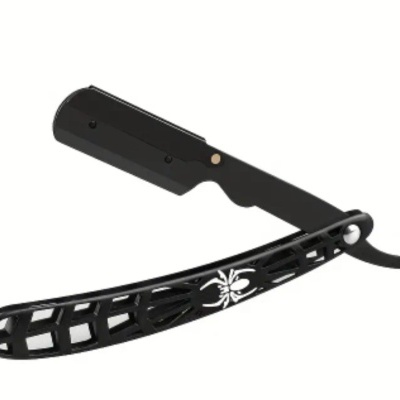 Navalha de barbear preta com design recortado e logo de formiga branca