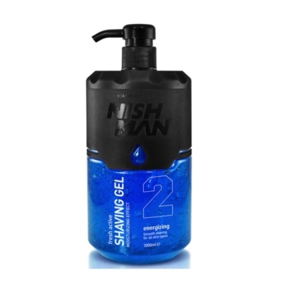 Frasco de gel de barbear preto e azul com pump e texto visível