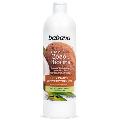 Frasco branco de champô Babaria com rótulo de coco e biotina