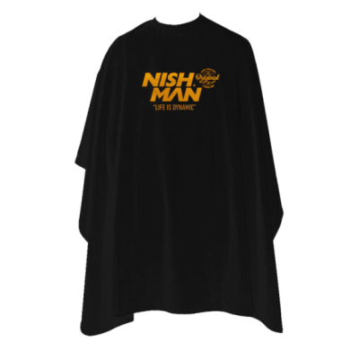 Capa preta para barbeiro com texto amarelo 'NISH MAN Original' e 'LIFE IS DYNAMIC'