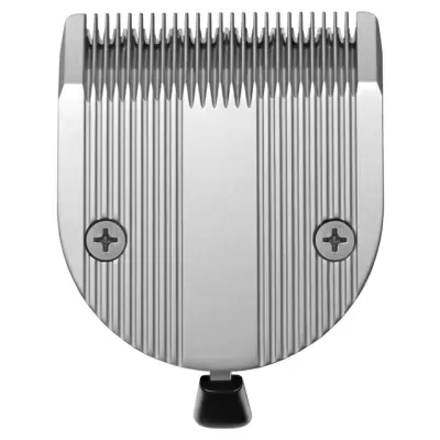 Cabeça de máquina de cortar cabelo metálica prateada com parafusos