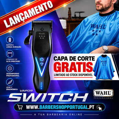 Máquina de cortar cabelo negra WAHL com luzes azuis e capa de corte azul promocional