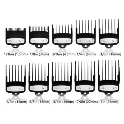 Conjunto de pentes de corte para máquina de cabelo numerados e com medidas em polegadas e milímetros