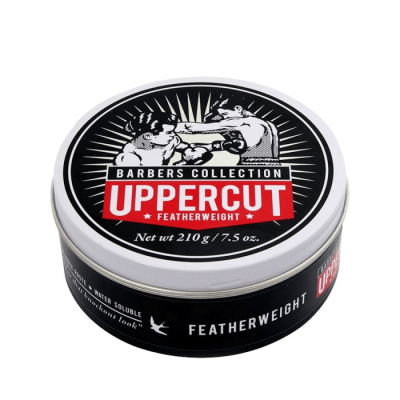 Pote preto com tampa de metal do produto Uppercut Featherweight com ilustração de boxeadores
