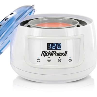 Derretedor de cera elétrico branco com tampa azul translúcida e visor digital