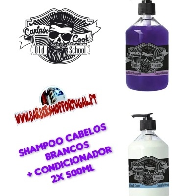 Dois frascos com bomba, shampoo roxo e condicionador branco, etiquetas pretas com logo Captain Cook Old School e texto promocional em português.