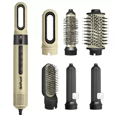 Aparelho modelador de cabelo bege com acessórios diversos sobre fundo branco