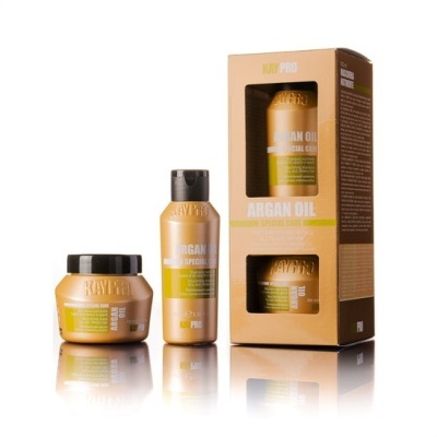 Conjunto de cosméticos KAYPRO Argan Oil com frasco, pote dourados e caixa com rótulos amarelos