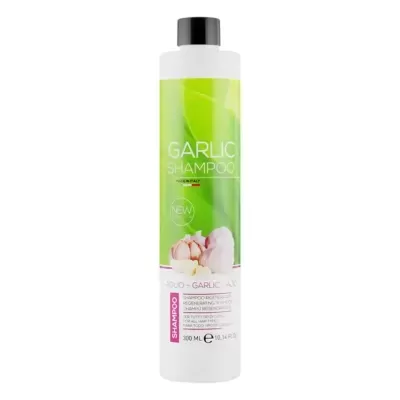 Frasco branco de champô Garlic Shampoo com etiqueta verde e tampa preta