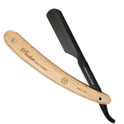 Navalha de barbear com cabo em madeira clara e lâmina preta.