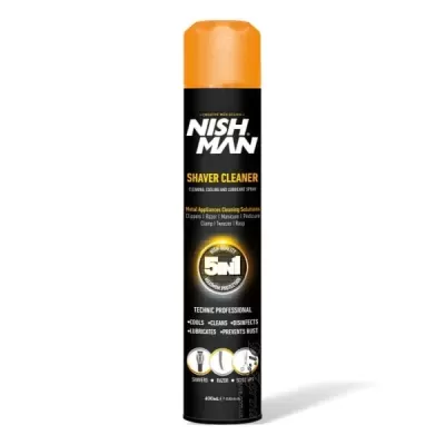 Aerosol NISH MAN Shaver Cleaner preto com tampa laranja para limpeza de barbeadores