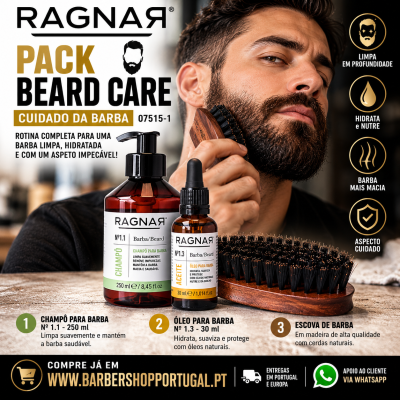 Pack para cuidado da barba RAGNAR com champô, óleo e escova de madeira, homem a escovar a barba.