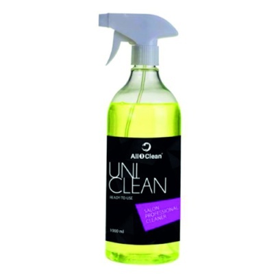 Frasco de spray com líquido amarelo e rótulo preto AllClean UNI CLEAN