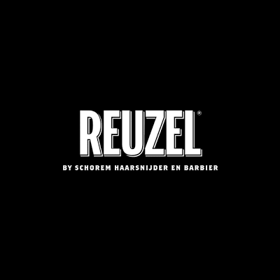 Logotipo REUZEL em branco sobre fundo preto com texto adicional.