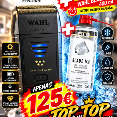 Máquina de barbear elétrica WAHL VANISH preta com spray de manutenção WAHL BLADE ICE 400 ml