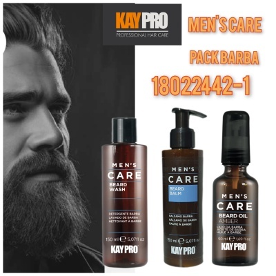 Produtos KAY PRO MEN'S CARE para barba, frascos castanhos com rótulos brancos e pretos.