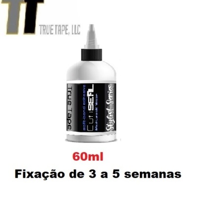Frasco branco com cola para extensões de cílios True Tape 60ml com texto explicativo