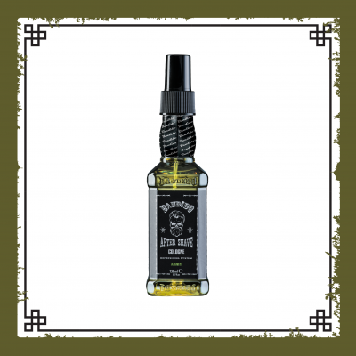 Frasco de after shave deluxe com spray, rótulo preto e líquido amarelo