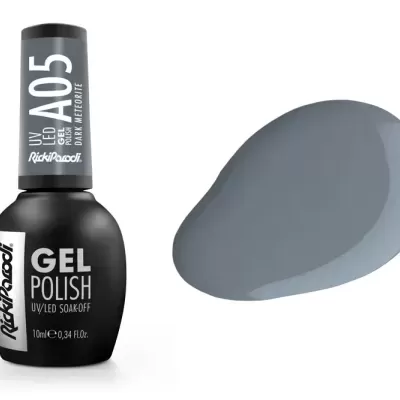 Verniz gel preto com frasco com rótulos e amostra da cor cinza azulado