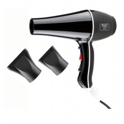Secador de cabelo preto com duas bocas direcionadoras pretas e texto WAHL 5367