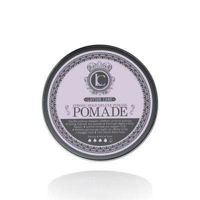 Frasco redondo de pomada para cabelo Lavish Care Pomade com rótulo lilás e cinza