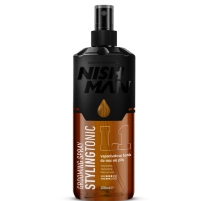 Frasco spray para cabelo NISH MAN STYLING TONIC L1 preto e laranja