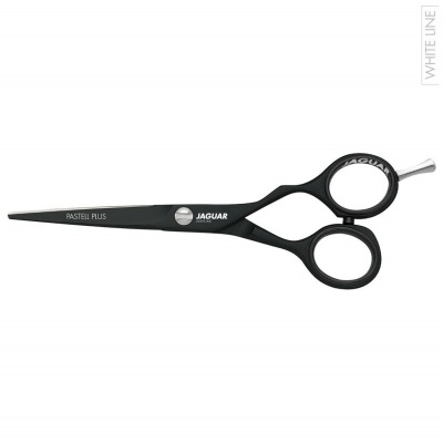 Tesoura preta para cabelo com lâmina fina e dois orifícios para dedos