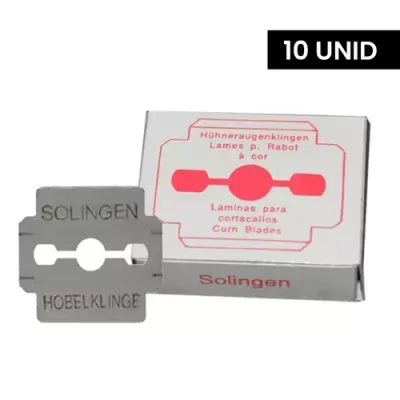 Lâminas para cortacallos Solingen com embalagem branca e texto vermelho