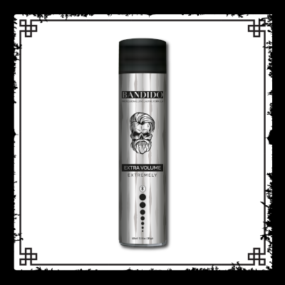 Frasco spray cabelo prateado com tampa preta e texto Bandido Extra Volume.
