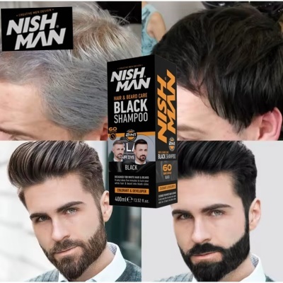 Embalagem de shampoo preto para cabelo e barba NISH MAN com fotos de antes e depois