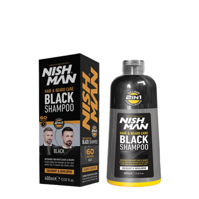 Shampoo preto Nish Man para cabelo e barba com caixa preta e amarela a lado