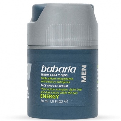 Frasco pequeno azul escuro com tampa cinza claro de sérum Babaria MEN ENERGY