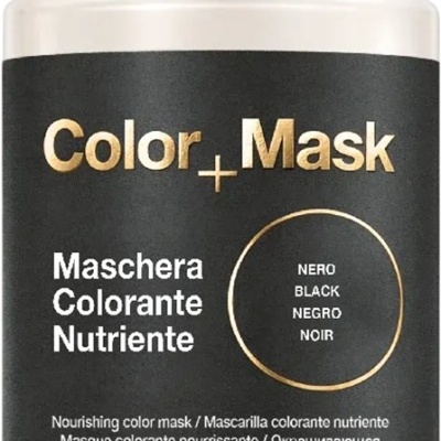 Frasco com doseador branco e ouro, rótulo preto e dourado de máscara capilar Color Mask