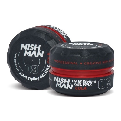 Gel de cabelo NISH MAN Hair Styling Gel Wax Cola 09 embalagem preta e vermelha