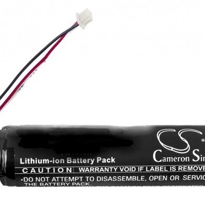 Bateria de íon de lítio preta com texto branco e fios com conector