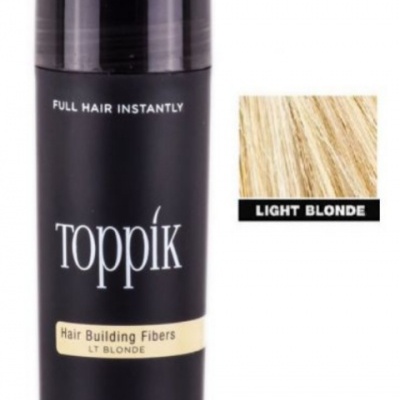 Frasco preto de fibras para cabelo Toppik LOIRO CLARO com amostra de cor