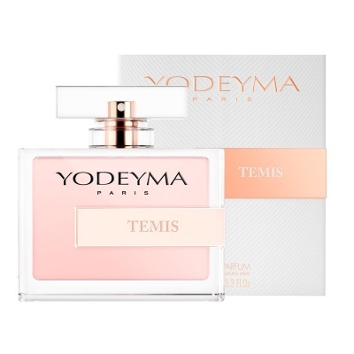 Frasco de perfume Yodeyma Paris TEMIS com embalagem branca e detalhes cor de pêssego
