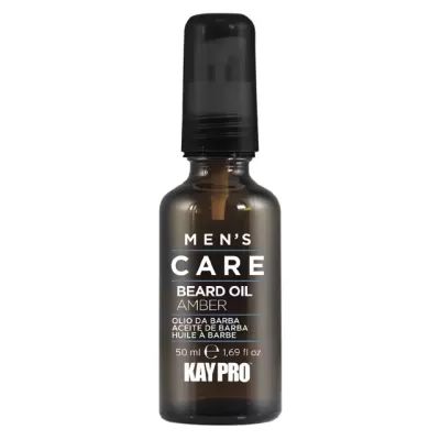 frasco de óleo para barba KAY PRO, vidro castanho com tampa preta e texto branco