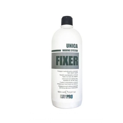 Garrafa branca com tampa preta de produto fixador KAY PRO UNICA WAVING SYSTEM