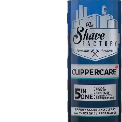Lata metálica azul e branca de spray Clippercare da The Shave Factory com aplicador