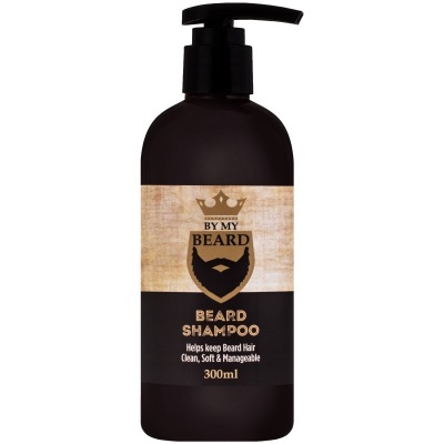 Frasco preto de shampoo para barba com rótulo marrom e preto com texto