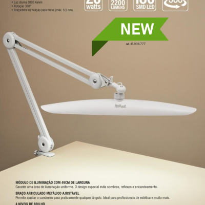 Candeeiro de mesa LED branco com braço articulado ajustável e grampo de fixação