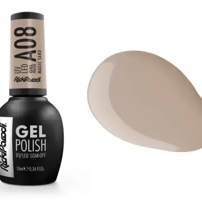 Verniz gel para unhas cor bege neutra com frasco preto e tampa castanha