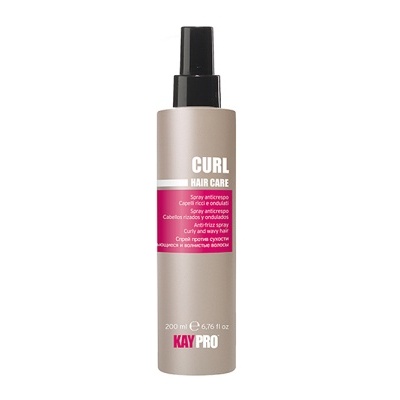 Frasco spray para cuidado de cabelo com texto Curl Hair Care Kay Pro