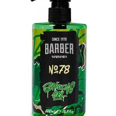 Frasco verde de gel de barbear com tampa preta e rótulo preto com texto