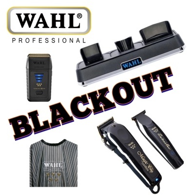 Produtos WAHL PROFESSIONAL com máquina de barbear, base de carregamento, capas e texto BLACKOUT