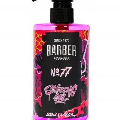 Frasco de gel de barbear rosa com tampa bomba e rótulo preto colorido