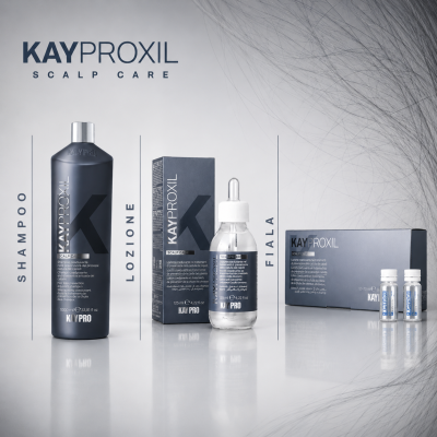 Produtos KayProxil Scalp Care para cuidados do couro cabeludo, incluindo shampoo, loção e ampolas em embalagem preta e vidro transparente