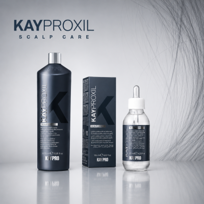 Produtos KAYPROXIL Scalp Care para cuidado do couro cabeludo em frascos preto e transparente