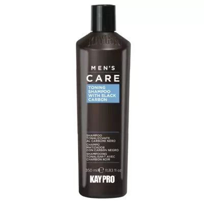 Frasco preto de champô tonificante Kaypro para homem com tampa preta e etiquetas em azul e branco